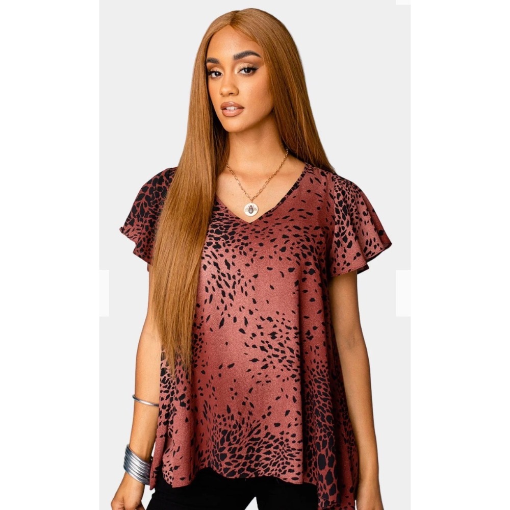 Buddy Love Avril Blouse Women XS Burgundy Animal Print Flutter Sleeve V-Neck New